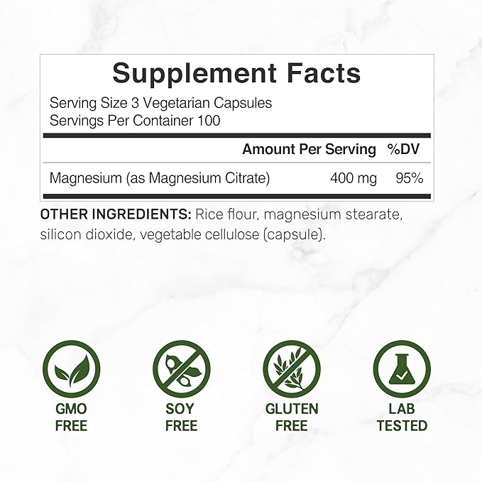 Magnesium Citrate 400mg Per Serving, 300 Veggie Capsules – Chelated, Easily Absorbed, Purified Trace Mineral – Muscle, Heart, & Digestive Support – Non-GMO