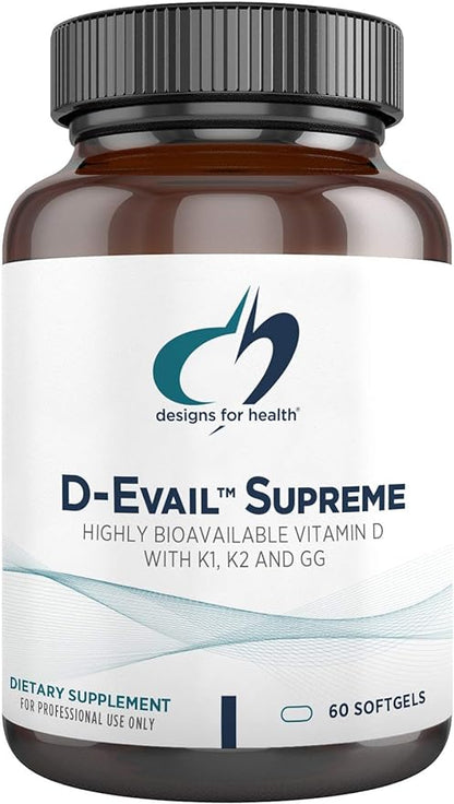 Designs for Health D-Evail Supreme - 5,000 IU Vitamin D3 Supplement with VIT K (K1, K2 as MK-4) + GG - Bone, Cardiovascular + Immune Support - Improved Bioavailability (60 Softgels)