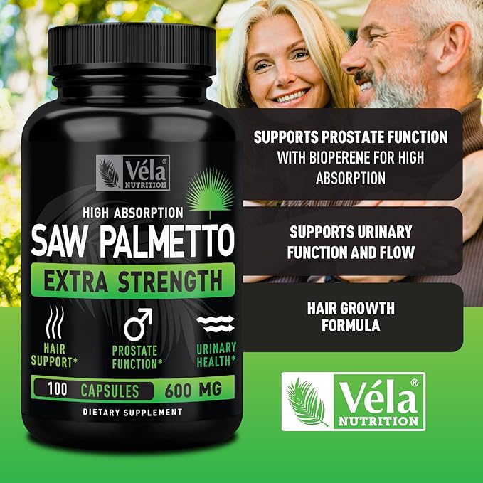 Vela Saw Palmetto Extra Strength High Absorption Supplement Capsules - No Bad Smell - 1 Capsule x Day - 600 mg