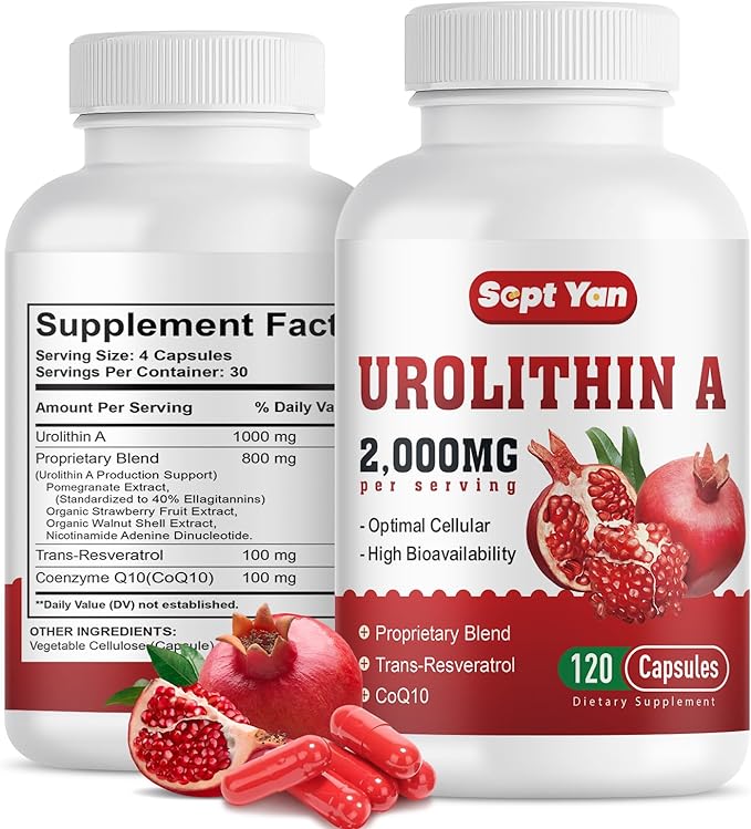 Urolithin A Supplement 2000MG - for Energy, Mitochondria, Antioxidants, Premium Quality Cellular, Healthy Aging, 30% Pomegranate Extract, NAD, Trans-Resveratrol, CoQ10-120 Capsules, Vegan