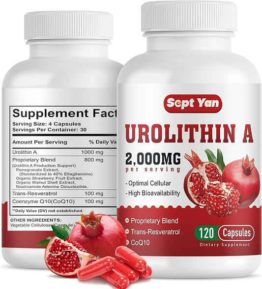 Urolithin A Supplement 2000MG - for Energy, Mitochondria, Antioxidants, Premium Quality Cellular, Healthy Aging, 30% Pomegranate Extract, NAD, Trans-Resveratrol, CoQ10-120 Capsules, Vegan