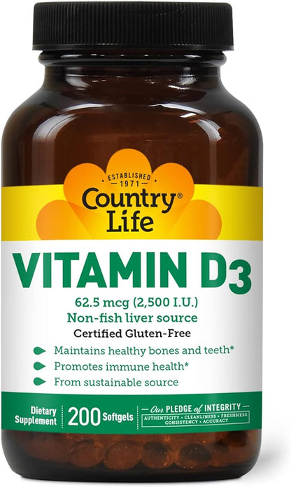 Country Life Vitamin D3, Non-Fish 2500 IU, 200 Softgels, Certified Gluten Free