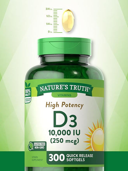 Nature's Truth Vitamin D3 10000 IU Softgels | 300 Count | Extra Strength | Non-GMO & Gluten Free Supplement