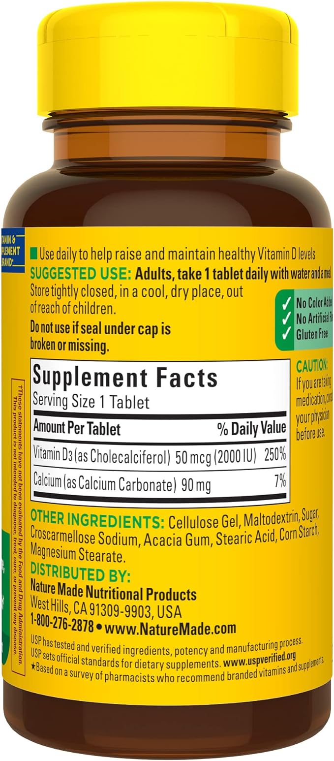 Nature Made Vitamin D3 2000 IU (50 mcg), Dietary Supplement for Bone, Teeth, Muscle and Immune Health Support, 100 Tablets, 100 Day Supply