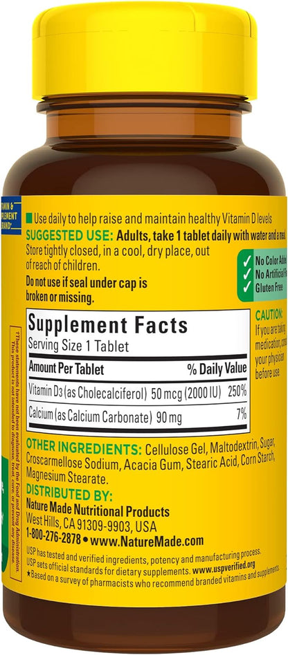 Nature Made Vitamin D3 2000 IU (50 mcg), Dietary Supplement for Bone, Teeth, Muscle and Immune Health Support, 100 Tablets, 100 Day Supply