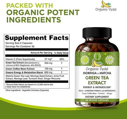 Organic Veda Moringa & Matcha Green Tea Extract Supplement with ECGC, Vitamin C & Antioxidant - Energy Boost & Metabolism Support Moringa Capsules with Green Coffee Bean, Turmeric & Ginger - 60 Count