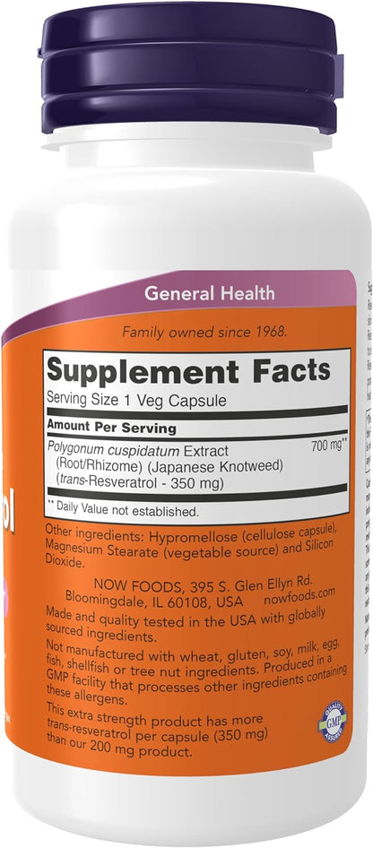 NOW Supplements, Extra Strength Resveratrol 350mg, Natural Trans Resveratrol from 700 mg Japanese Knotweed Extract, 60 Veg Capsule