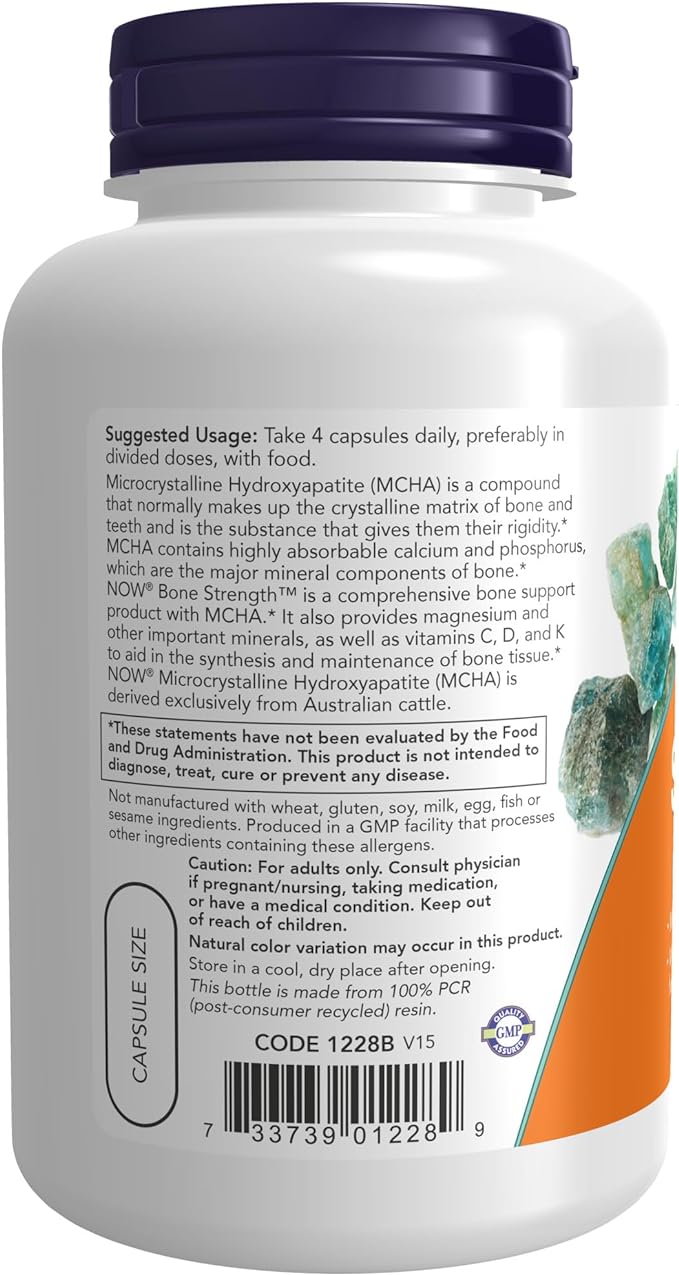 NOW Supplements, Bone Strength™ with Microcrystalline Hydroxyapatite (MCHA), Magnesium and Vitamins C,D and K, 120 Capsules