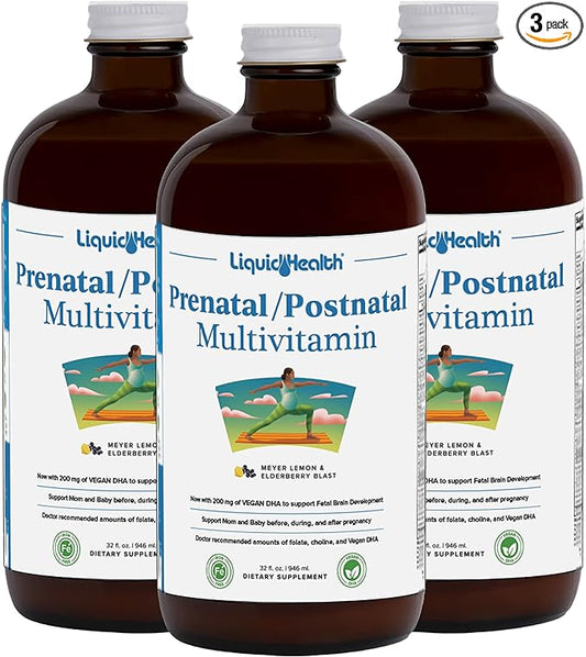 LIQUIDHEALTH Prenatal/Postnatal Multiple Liquid Women's Multivitamin with Real Folate - Pre & Postnatal Vitamins for Before, During, After Pregnancy - Vegan, Sugar-Free, Non GMO, Great Taste (3 Pack)