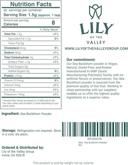 Lily of the Valley Sea Buckthorn Powder - Rhamnus Cathartica - No Added Sugar - Tart Berry Taste - Vegan & Gluten-Free - Packed in Resealable Pouch (4oz, 113g)