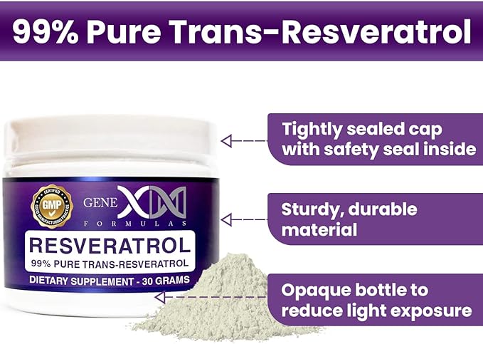 GENEX Trans Resveratrol 1000mg Serving 99% Pure Micronized Pharmaceutical Grade Trans-Resveratrol Powder 30 Servings or 30Grams 1Gram Per Day 30-Day Supply Made in a GMP & NSF Certified Facility