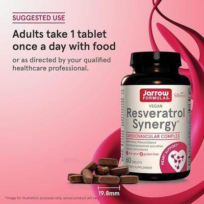 Jarrow Formulas Resveratrol Synergy 200 mg - 60 Tablets - Healthy Antioxidant Status - With trans-Pterostilbene - Heart Health - Includes Grape & Green Tea Extract - 60 Servings