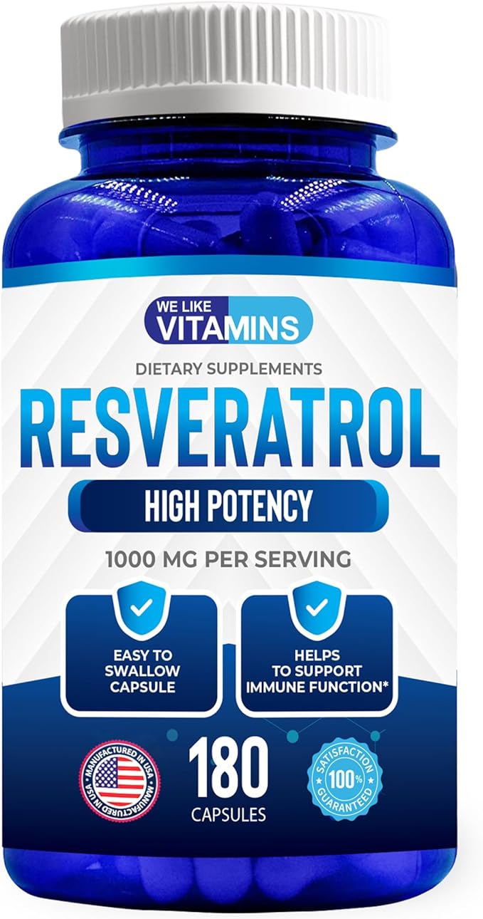 We Like Vitamins Resveratrol 1000mg per Serving - 180 Easy to Swallow Veggie Capsules - Natural Resveratrol Supplement 1000mg - Antioxidant Supplement Helps Support Anti-Aging and Immune System