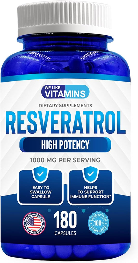 We Like Vitamins Resveratrol 1000mg per Serving - 180 Easy to Swallow Veggie Capsules - Natural Resveratrol Supplement 1000mg - Antioxidant Supplement Helps Support Anti-Aging and Immune System