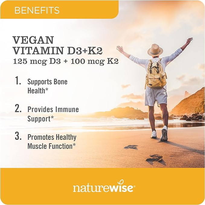 NatureWise Vitamin D3 + K2 with Plant Based Vitamin D3 5000IU & 100mcg Vitamin K2 as MK-7 - Max Absorption - Vegan Non-GMO - Immune Support - with Extra Virgin Olive Oil - 60 Softgels[2-Month Supply]