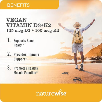 NatureWise Vitamin D3 + K2 with Plant Based Vitamin D3 5000IU & 100mcg Vitamin K2 as MK-7 - Max Absorption - Vegan Non-GMO - Immune Support - with Extra Virgin Olive Oil - 60 Softgels[2-Month Supply]