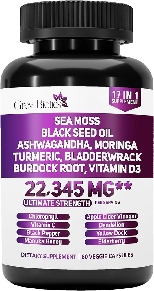 Sea Moss 6000mg, Black Seed Oil 4000mg, Turmeric 4000mg,Ashwagandha 2000mg, Burdock 2000mg, Bladderwrack 2000mg - Enhanced with Moringa 2000mg, Black Pepper, Vitamin C, Vitamin D3-60 Capsules