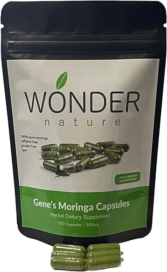 Gene's Moringa Fine Green Powder 100 Veg. Capsules, High Potency, Energy Focus and Alert, Increase Immune Systym