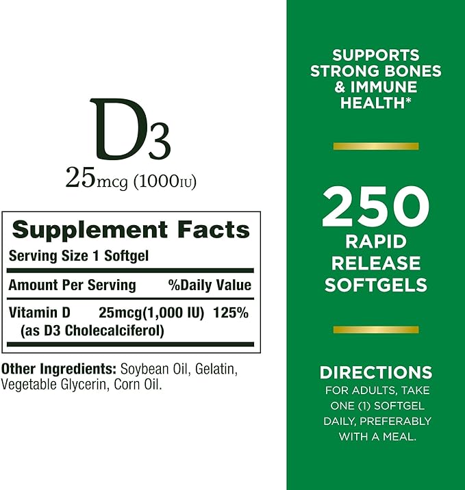 Nature's Bounty Vitamin D3 1000 IU, Immune Support, 250 Rapid Release Softgels,..