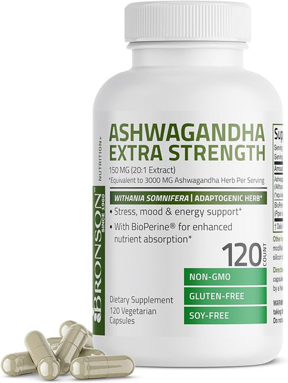 Bronson Ashwagandha Extra Strength Stress & Mood Support with BioPerine - Non GMO Formula, 120 Vegetarian Capsules