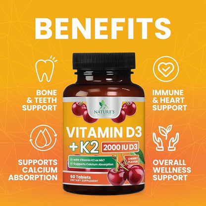 Vitamin D3 K2 as MK-7 with 2000iu of D3 & 75mcg K2, Vitamin K2 D3 Bone Strength Supplements Support Calcium Absorbtion for Teeth & Bone Health + Muscle & Immune Health Support - 60 Chewable Tablets