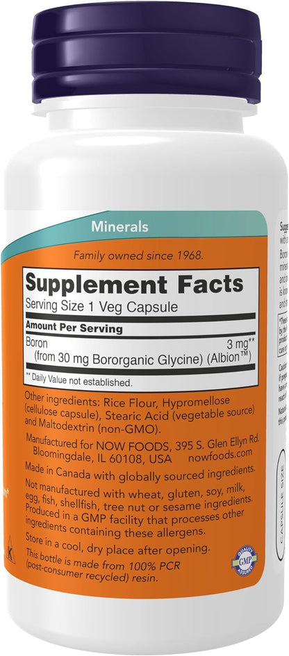 NOW Supplements, Boron 3 mg (Bororganic Glycine), Structural Support*, 100 Veg Capsules