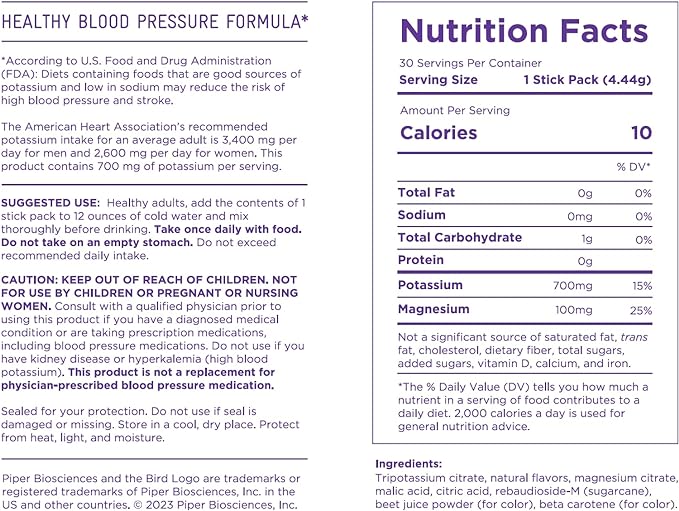 Blood Pressure Potassium Supplement Powder 700 mg: Electrolyte Powder Potassium Drink Mix with Potassium Citrate and Magnesium Citrate (Vegan, Non-GMO): 30 Stick Packs