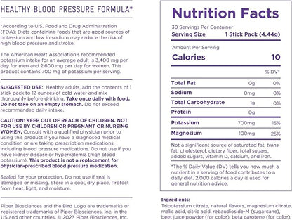 Blood Pressure Potassium Supplement Powder 700 mg: Electrolyte Powder Potassium Drink Mix with Potassium Citrate and Magnesium Citrate (Vegan, Non-GMO): 30 Stick Packs