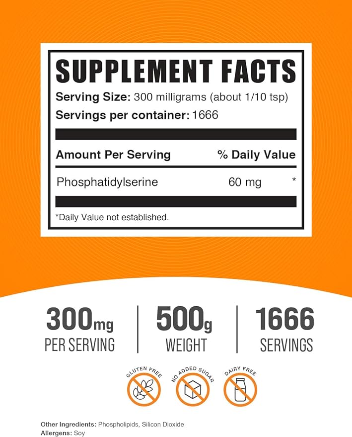 BulkSupplements.com Phosphatidylserine Powder - Phosphatidylserine Supplement, Sourced from Soy Beans - 300mg per Serving (60mg of Phosphatidylserine), 500g (1.1 lbs) (Pack of 1)