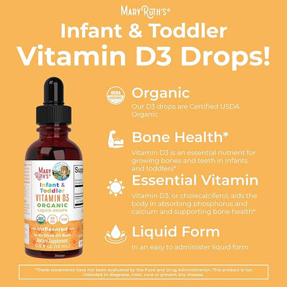 Vitamin D USDA Organic | Up to 4 Month Supply | Vitamin D3 Liquid | Sugar Free | Liquid Vitamin D Drops Immune Support for Infants & Toddlers | VIT D3 | Vegan | Gluten Free | Non-GMO | 90-150 Servings