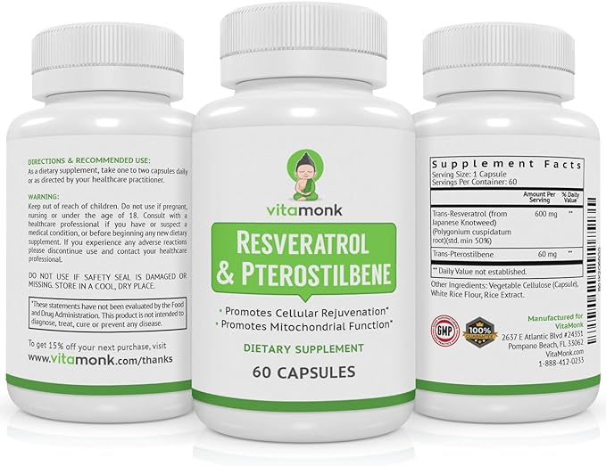 VitaMonk Resveratrol with Pterostilbene 600mg/60mg - No Artificial Fillers Healthy Aging and Longevity Supplement - 60 Capsules - Precise Formula with Trans Pterostilbene Resveratrol Supplements