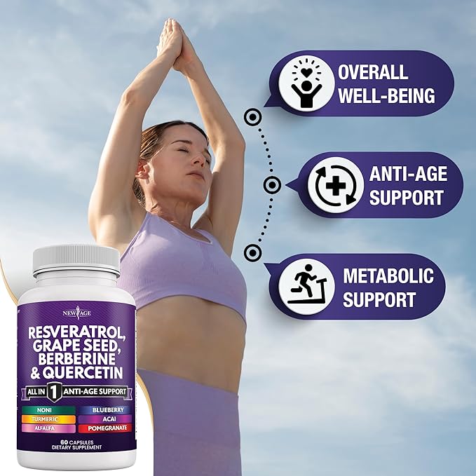 NEW AGE Resveratrol 6000mg Berberine 3000mg Grape Seed Extract 3000mg Quercetin 4000mg - Polyphenol Supplement for Women and Men with Noni Extract, N-Acetyl Cysteine, Acai Extract - 120 Capsules