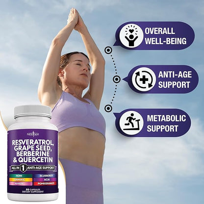 NEW AGE Resveratrol 6000mg Berberine 3000mg Grape Seed Extract 3000mg Quercetin 4000mg - Polyphenol Supplement for Women and Men with Noni Extract, N-Acetyl Cysteine, Acai Extract - 120 Capsules