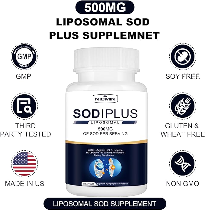 SOD Plus Supplement 500mg Antioxidant Supplements with liposomal glutathione, AKG, Green Tea Extract, L-Arginine, Lysine, Resveratrol and Vitamin E for Immune Support