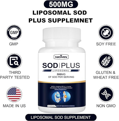 SOD Plus Supplement 500mg Antioxidant Supplements with liposomal glutathione, AKG, Green Tea Extract, L-Arginine, Lysine, Resveratrol and Vitamin E for Immune Support