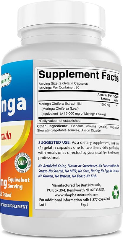 Best Naturals Moringa 15000 mg Equivalent per Serving - 180 Capsules - Superfood Nutrients for Healthy Wellbeing