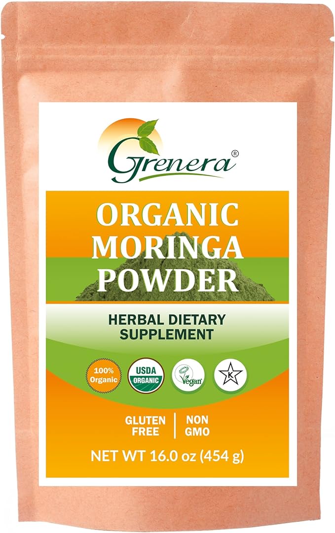 Grenera Organic Moringa Powder 1 lb (16oz/454g), Moringa Oleifera Leaf Powder – USDA, Kosher, Gluten Free, Non-GMO, Perfect for Smoothies, Drinks, Tea & Recipes