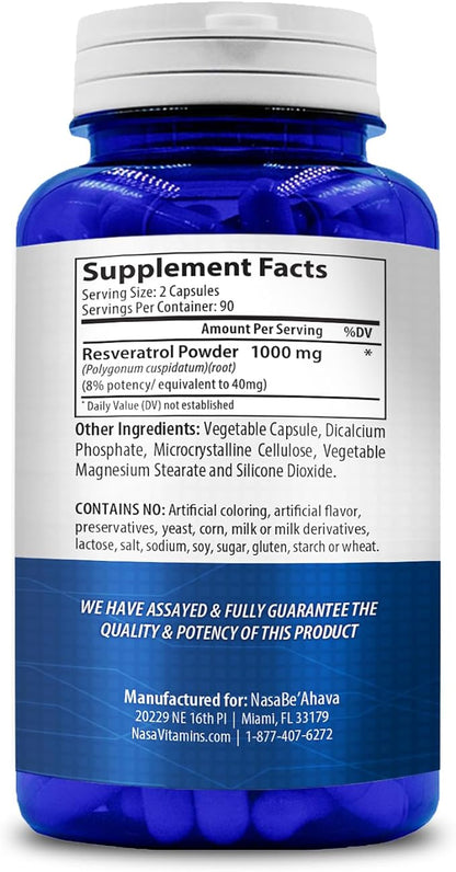 NASA Beahava 100% Pure Resveratrol - 1000mg Per Serving Max Strength (180 Capsules) Antioxidant Supplement Extract, Natural Trans-Resveratrol Pills for Heart Health & Weight Loss