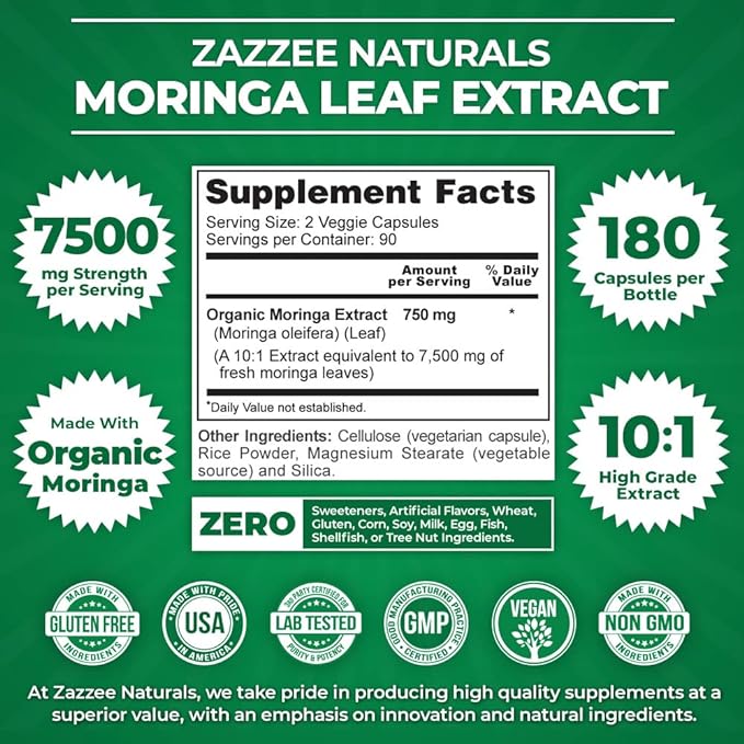 Zazzee Organic Moringa Oleifera Leaf 7500 mg Strength, 180 Vegan Capsules, 10:1 Extract, 100% Pure Superfood, Concentrated and Standardized 10X Leaf Extract, Vegetarian, All-Natural and Non-GMO