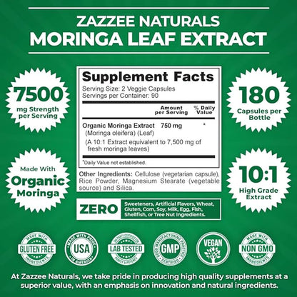 Zazzee Organic Moringa Oleifera Leaf 7500 mg Strength, 180 Vegan Capsules, 10:1 Extract, 100% Pure Superfood, Concentrated and Standardized 10X Leaf Extract, Vegetarian, All-Natural and Non-GMO