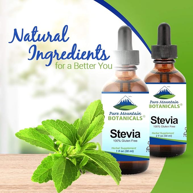 Pure Mountain Botanicals Liquid Stevia Drops - Natural Sweetener - Concentrated Sugar Free Substitute Diabetic Friendly Ideal for Keto Low Carb and Vegan Diet Great Addition to Weight Loss Program