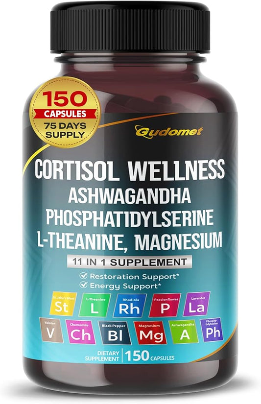 CORTISOL WELLNESS Magnesium Ashwagandha L-Theanine Phosphatidylserine Rhodiola Rosea Passionflower Lavender Chamomile -150 Capsules- Made in USA