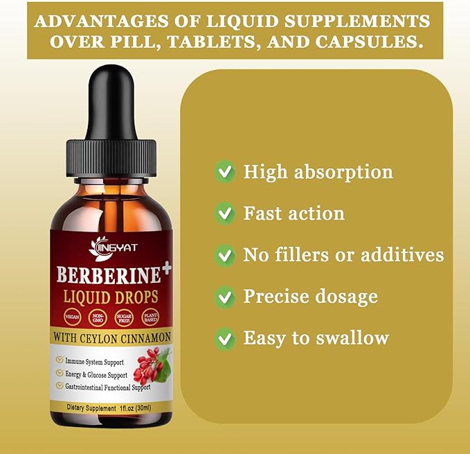 Berberine Liquid Drops 1500mg, Liposomal Berberine HCL, Berberine Complex Supplement w/Ceylon Cinnamon, Resveratrol,Bitter Melon,Green Tea, Dandelion Root, Milk Thistle - Vegan & Natural