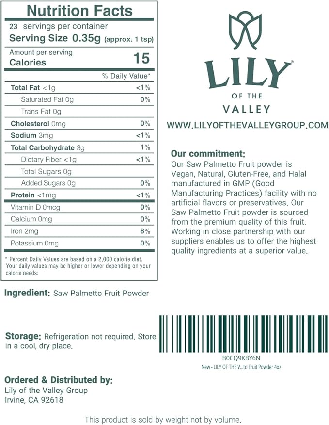 LILY OF THE VALLEY Saw Palmetto Fruit Powder - Serenoa Repens - Great for Cooking and Smoothies - Vegan & Gluten-Free - Packed in Resealable Pouch (4oz, 113g)