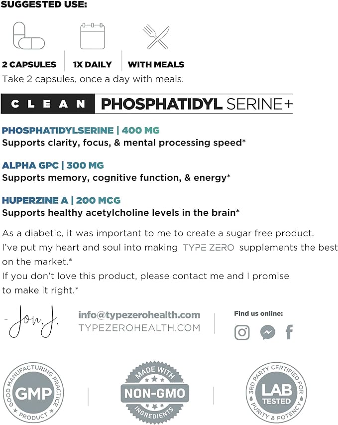 Type Zero Phosphatidylserine 3X Strength Nootropics Brain Support Supplement w/Alpha GPC, Huperzine A & Phosphatidylserine - Clean Focus & Memory Supplement for Brain Pills