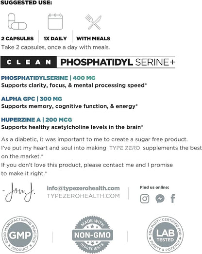 Type Zero Phosphatidylserine 3X Strength Nootropics Brain Support Supplement w/Alpha GPC, Huperzine A & Phosphatidylserine - Clean Focus & Memory Supplement for Brain Pills