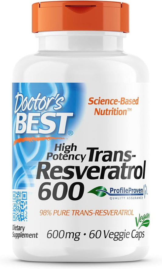 Doctor's BEST Trans-Resveratrol 600, Non-GMO, Vegan, Gluten Free, Soy Free, 600 mg, 60 Veggie Caps (DRB-00416)