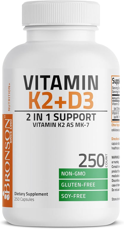 Bronson Vitamin K2 (MK7) with D3 Supplement Bone and Heart Health Non-GMO Formula 5000 IU Vitamin D3 & 90 mcg Vitamin K2 MK-7 Easy to Swallow Vitamin D & K Complex, 250 Capsules