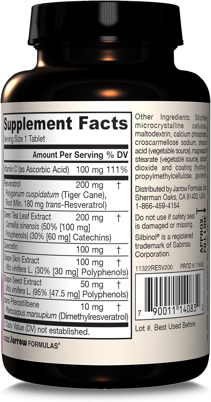 Jarrow Formulas Resveratrol Synergy 200 mg - 60 Tablets - Healthy Antioxidant Status - With trans-Pterostilbene - Heart Health - Includes Grape & Green Tea Extract - 60 Servings