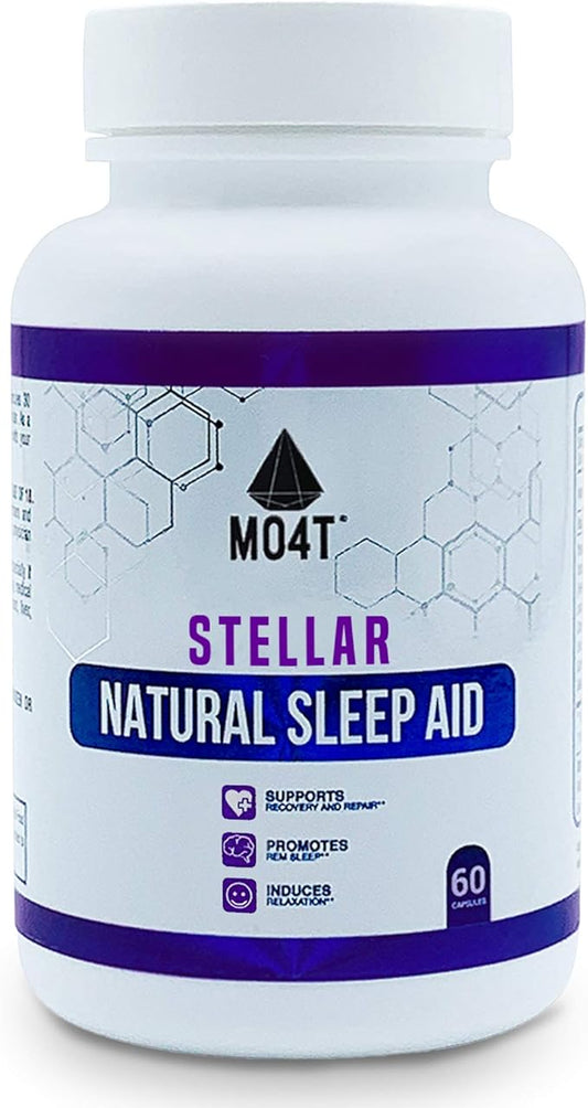 MO4T Stellar| Sleep Aid | Natural Non-Habit Forming |60 Capsules | Herbal: Valerian Root, Chamomile, Passion flower | Melatonin, 5 HTP, Gaba and L-theanine | Magnesium Citrate